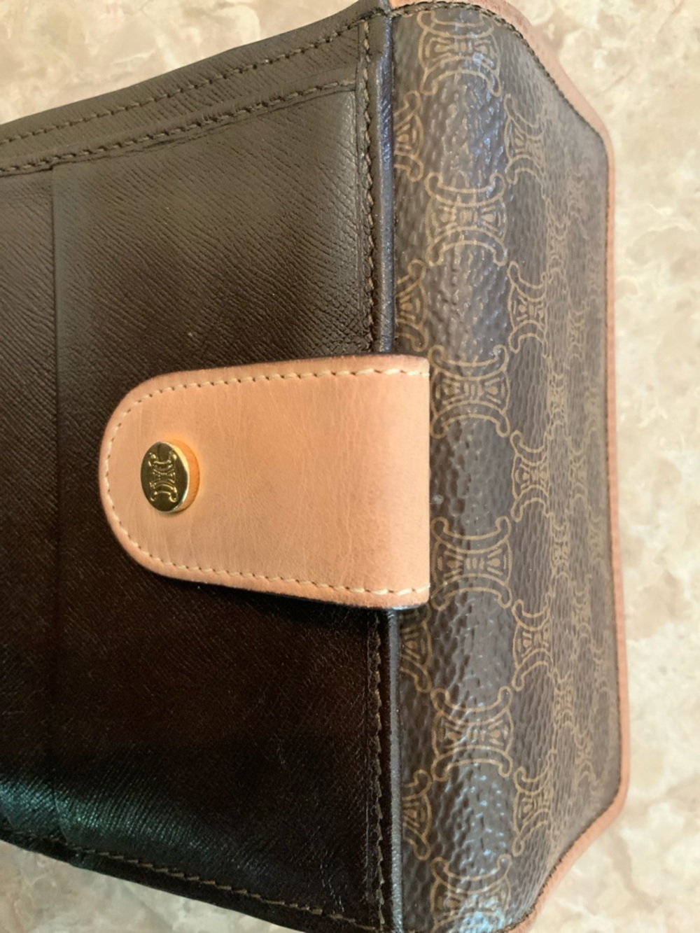 Celine Brown Patterned Leather Compact Wallet with Tan Trim - Picture 15 of 16